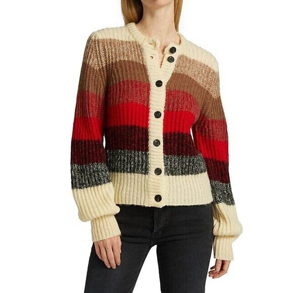 Munthe Size 40 Medium Nippa Striped Cardigan Red Tan Waffle Knit Wool Alpaca - Picture 12 of 12